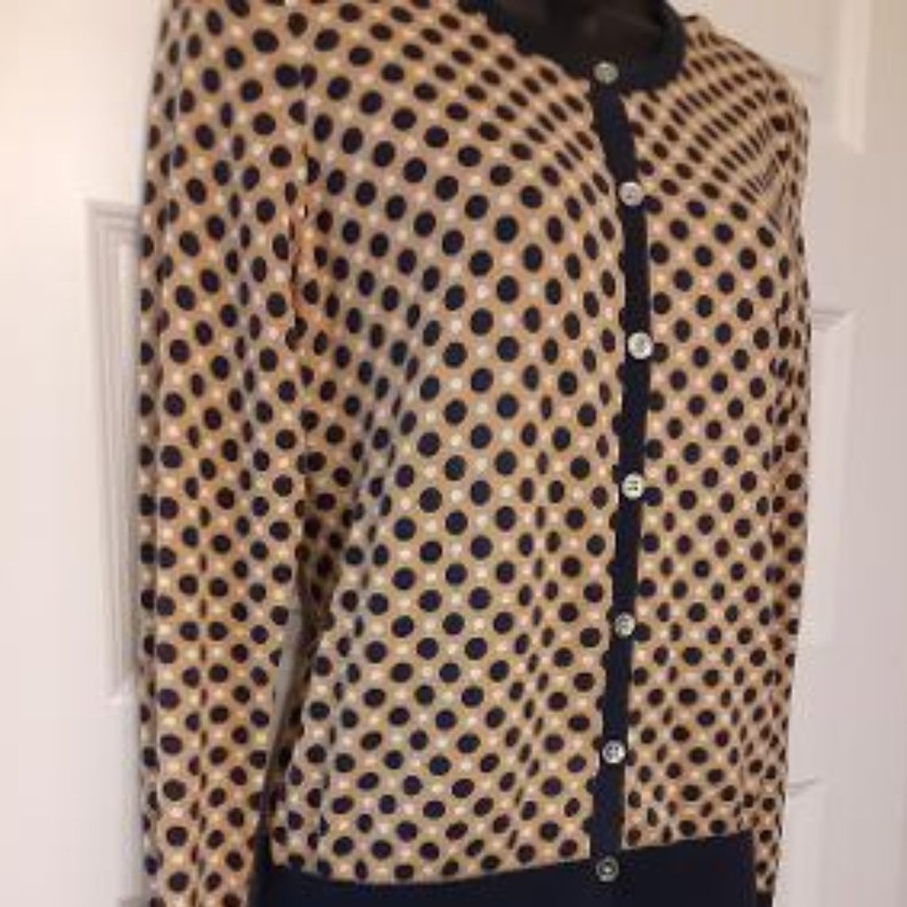 Ann Taylor Tan Cardigan with Navy White Polka Dots